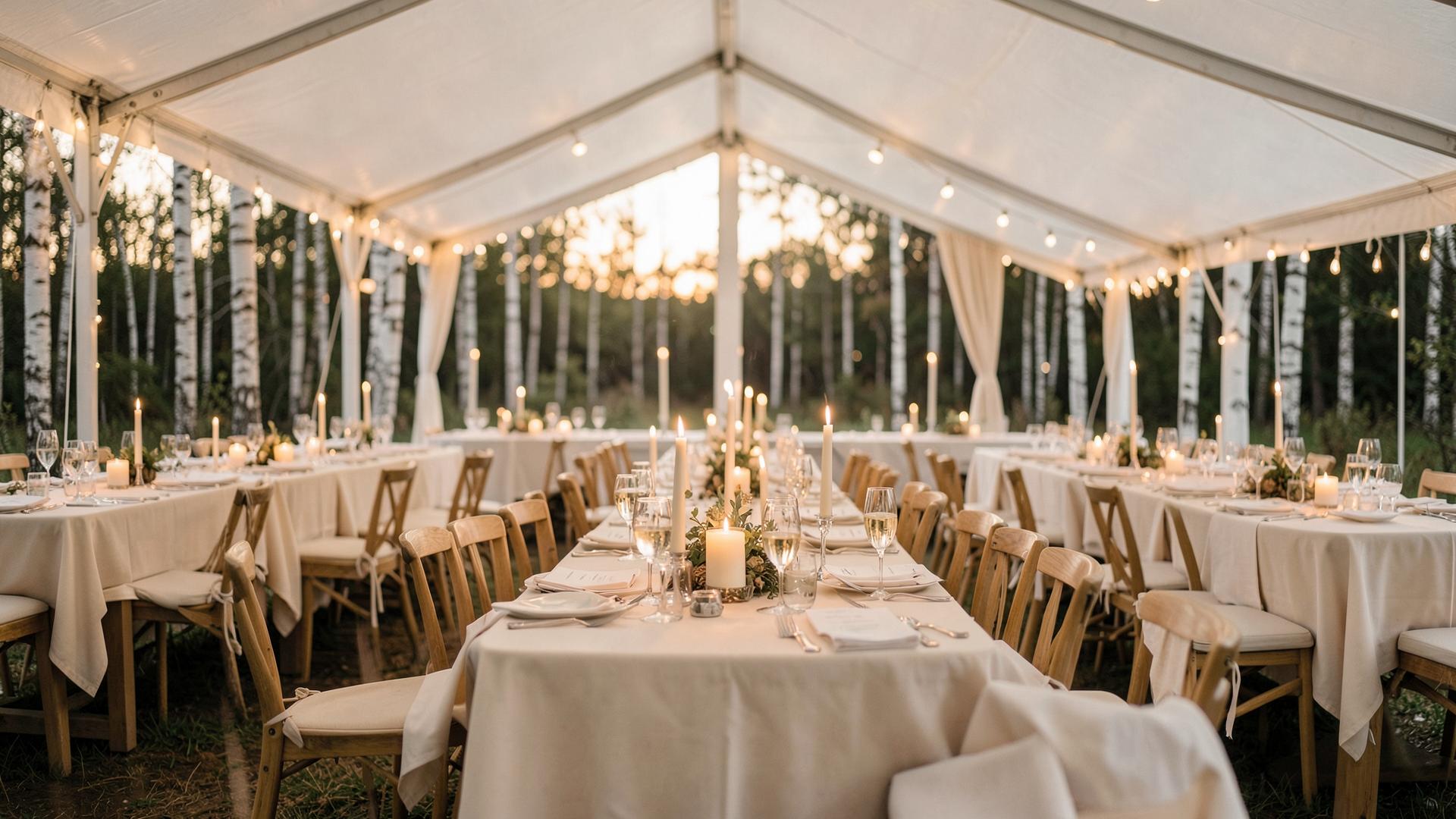 Elegant bröllopsmiddag i vitt partytält bland björkar i skymningen
